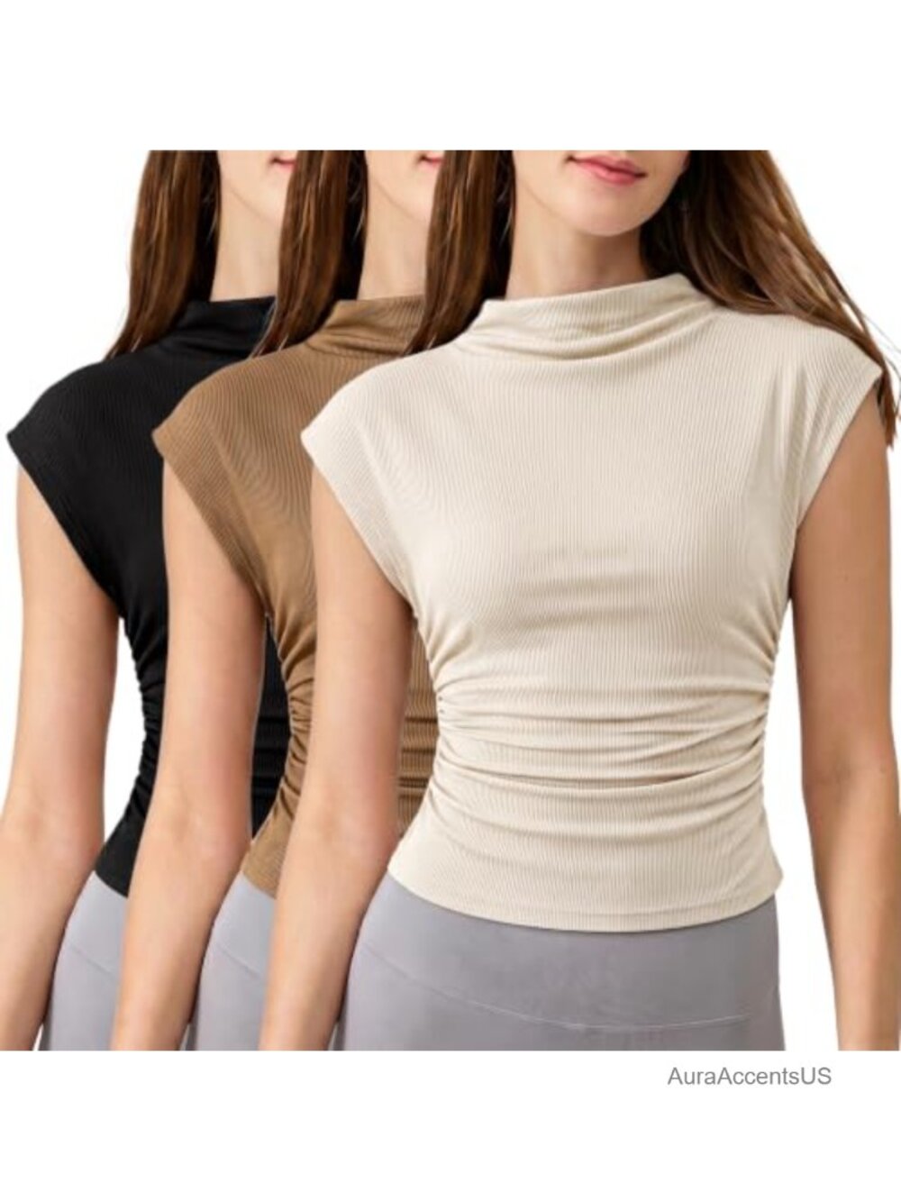 Ribbed Mock Neck Slim Fit Cap Sleeve Ruched Side T-Shirt Business Casual Stretch